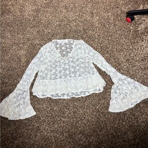Abercrombie & Fitch Women's White Lace Floral Bell Sleeve Cropped Blouse S